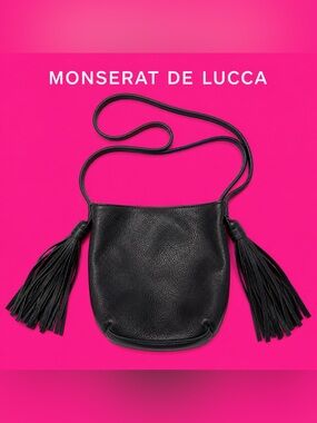 Monserat De Lucca Black Pebbled Leather Crossbody with Tassels Boho Bag
